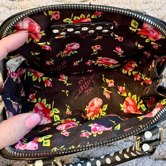 Betsy Johnson Black, White & Grey Floral Polka Dot Print Handbag - Picture 12 of 16